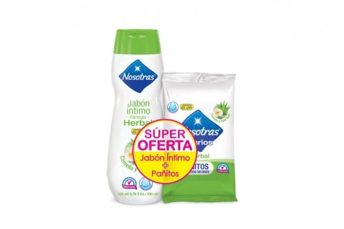 Jabón Íntimo Nosotras Fórmula Herbal + Pañitos Humedos Frasco Con 200 mL