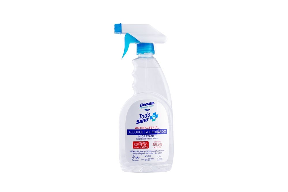 Alcohol Glicerinado Binner Todo Sano Antibacterial Frasco De 500 mL