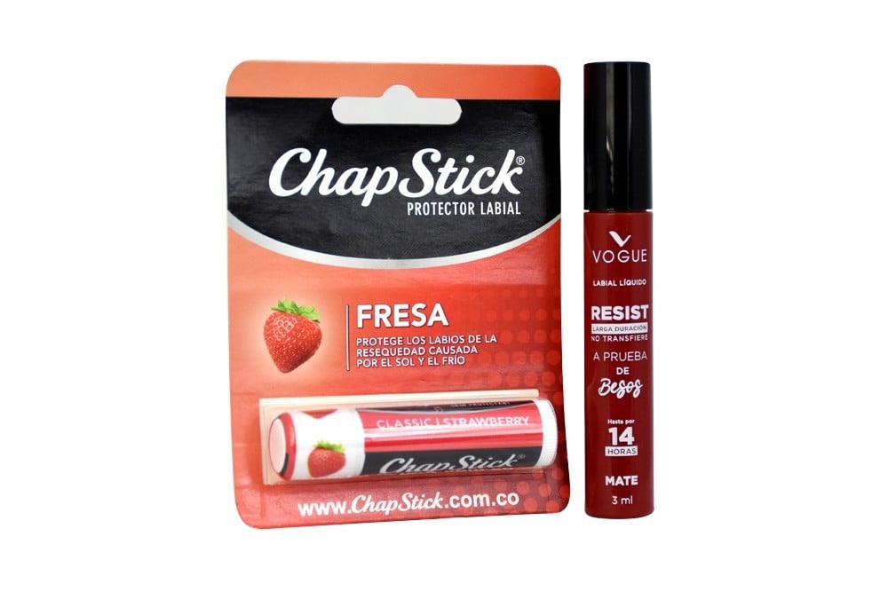 Protector Labial Chap Stick Em 1 EMPAQUE 4 g y Labial Líquido Vogue Resist A  1 Frasco 4 g