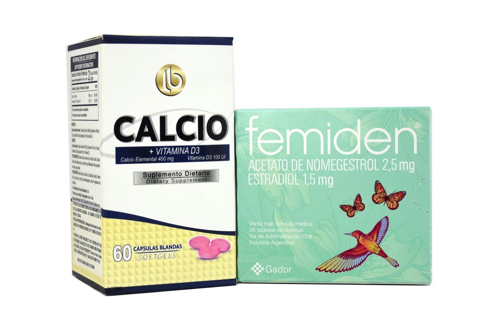 Suplemento Dietario Cancio + Vitamina D3 Frasco x 60 Cápsulas Blandas y Femiden 1,5 Mg / 2,5 Mg En Caja Con 28 Tabletas Rx Rx1