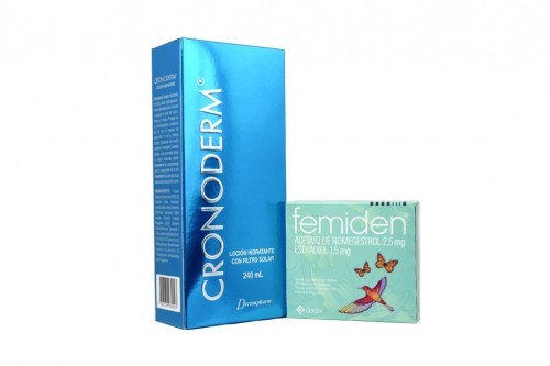 Femiden 1,5 Mg / 2,5 Mg En Caja Con 28 Tabletas Rx1 Rx4 y Cronoderm Loción Hidratante Caja Con Frasco Con 240 mL