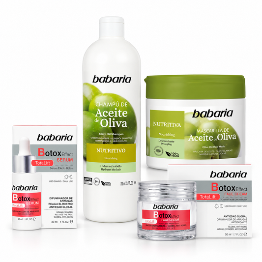 Combo Babaria Botox Effect + Aceite de Oliva x4 – Crema Facial 50 ml + Sérum 30 ml + Shampoo Nutritivo 700 ml + Mascarilla Capilar 400 ml