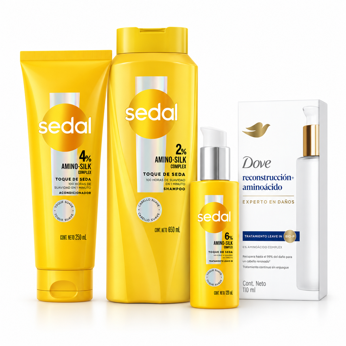 Combo Cuidado Capilar Sedal Toque de Seda + Dove Reconstrucción x4 – Shampoo 650 ml + Acondicionador 250 ml + Sérum 100 ml + Tratamiento Capilar 110 ml