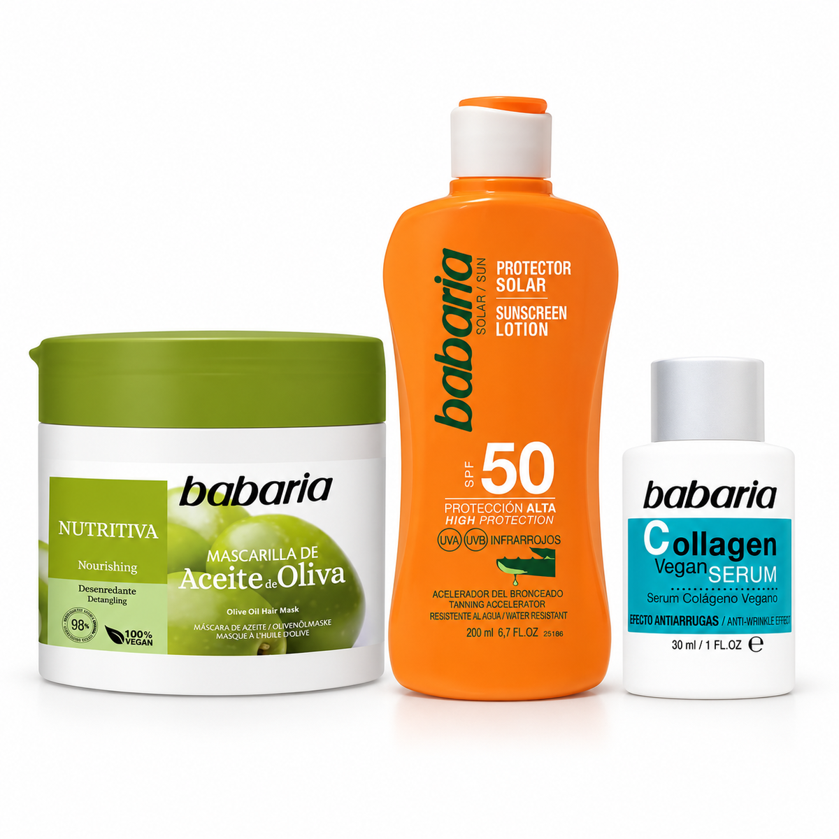 Combo Babaria Cuidado Integral x3 – Mascarilla Aceite de Oliva 400 ml + Protector Solar Aloe SPF 50 200 ml + Sérum Collagen Vegan 30 ml