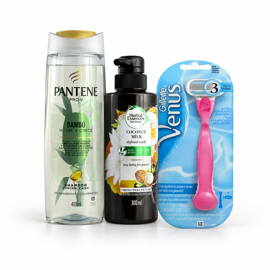 Combo Cuidado Capilar y Personal Pantene + Herbal Essences + Gillette Venus x3 – Shampoo Bambú 400 ml + Crema para Peinar Coconut 300 ml + Máquina de Afeitar Rosada