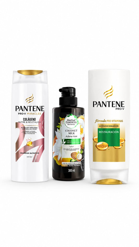 Combo Cuidado Capilar Pantene + Herbal Essences – Shampoo Colágeno 300 ml + Acondicionador Restauración 200 ml + Crema para Peinar Coconut 300 ml